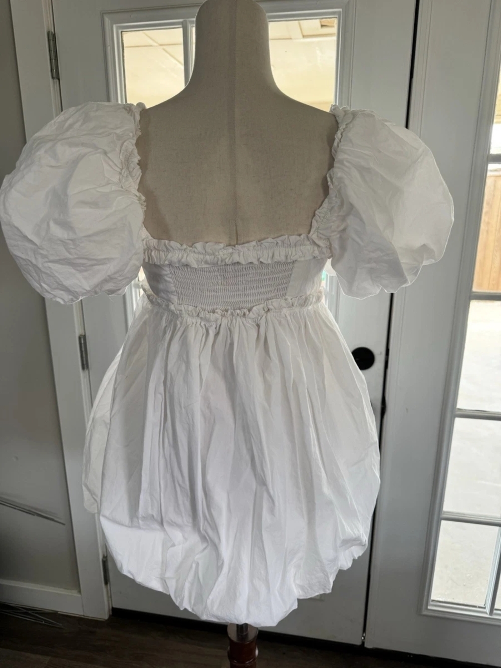 Free People Rendezvous Me Ivory Dress Mini Bubble Smocked Puff Sleeves- L - Picture 6 of 16